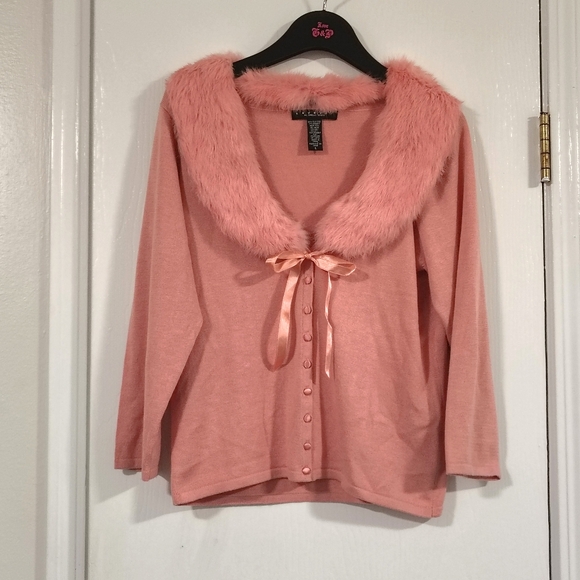 Laundry Shelli Segal Silk Rabbit Fur Sweater Women's Large Pink Fur Collar Soft - Picture 5 of 10